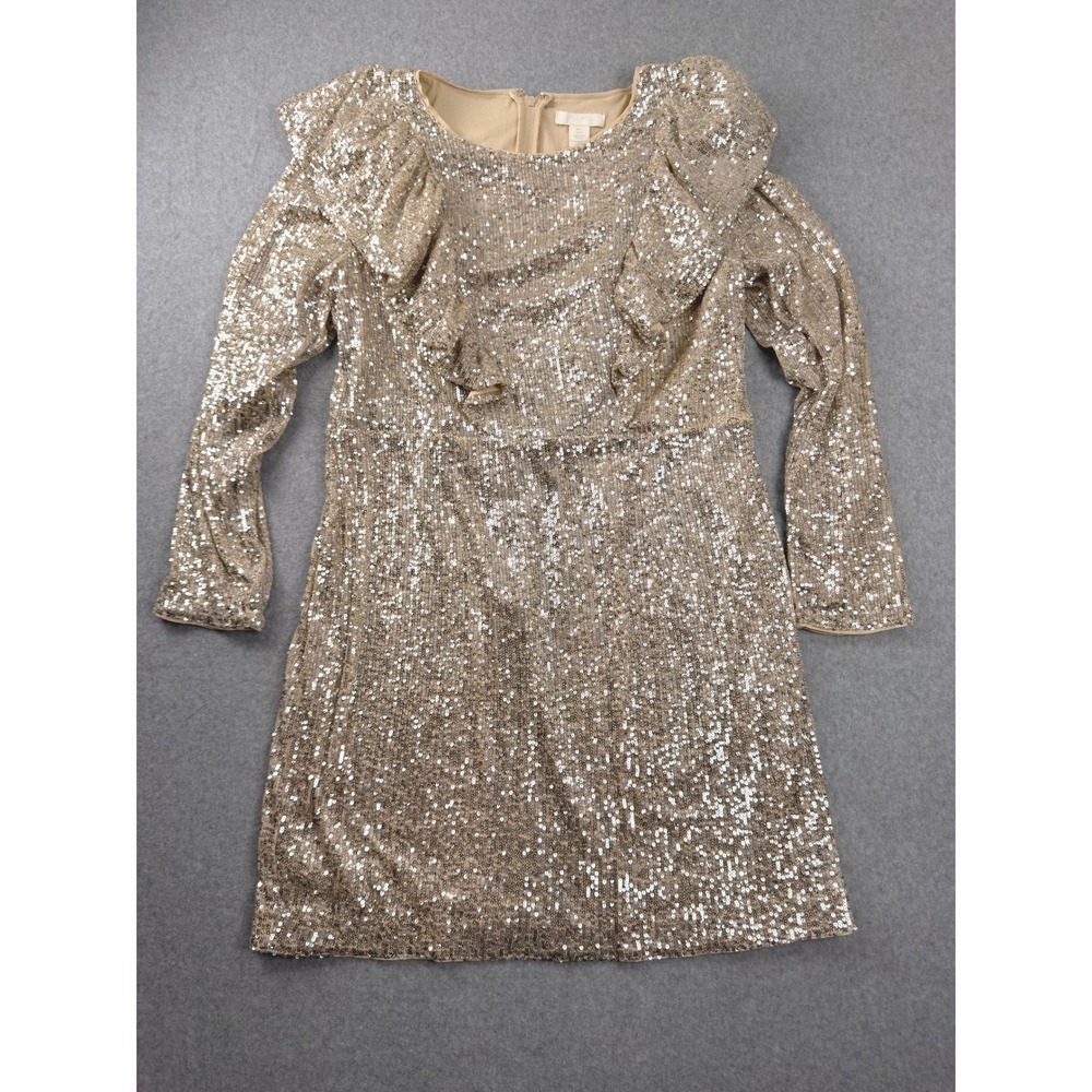 HM Gold Sequin Ruffle Mini Dress Long Sleeve Party Event Size Large